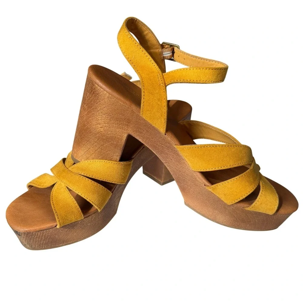 American Eagle Platform Sandals Strappy 8 Mustard Yellow Womens Boho Retro
